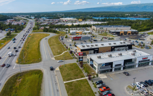 Aerial shot of Sun Mountain shopping center Wasilla, Alaska.
