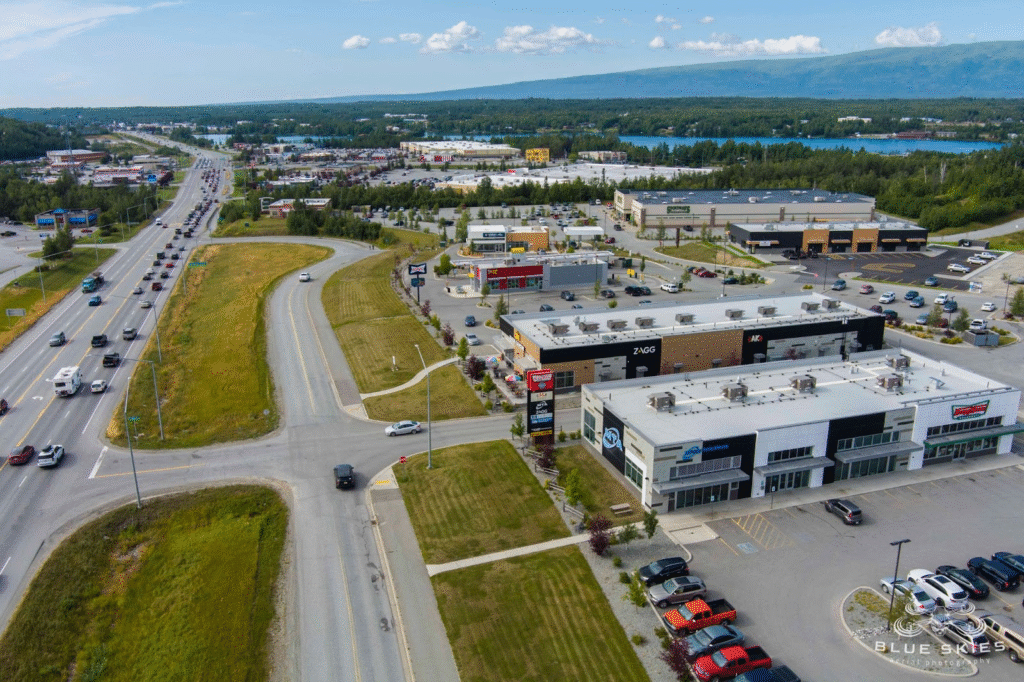 Aerial shot of Sun Mountain shopping center Wasilla.