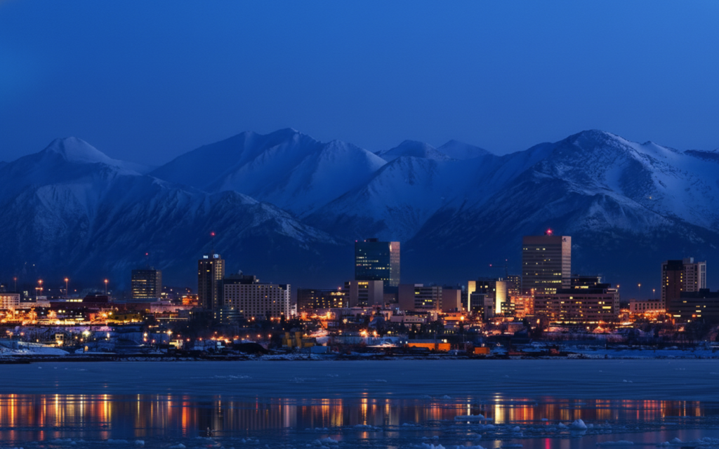 Anchorage skyline 2026 showing commercial real estate office buildings and economic activity.